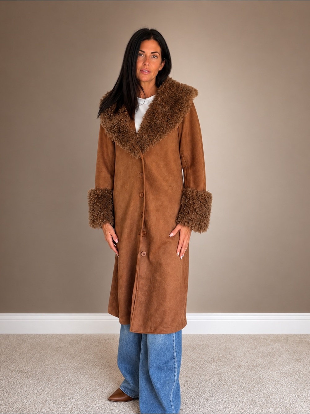 Brown Faux Suede Long Coat with Faux Fur Trim